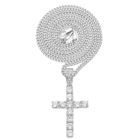 Silver Cross Necklace Diamonds Jesus Cross Chain - Picture 2 of 2